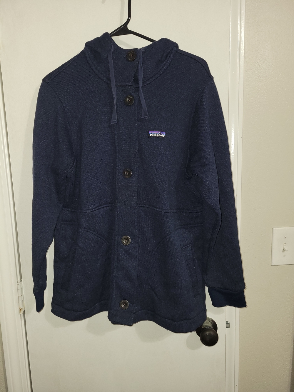 Patagonia Womens Navy Hooded Button-Up Fleece Jacket